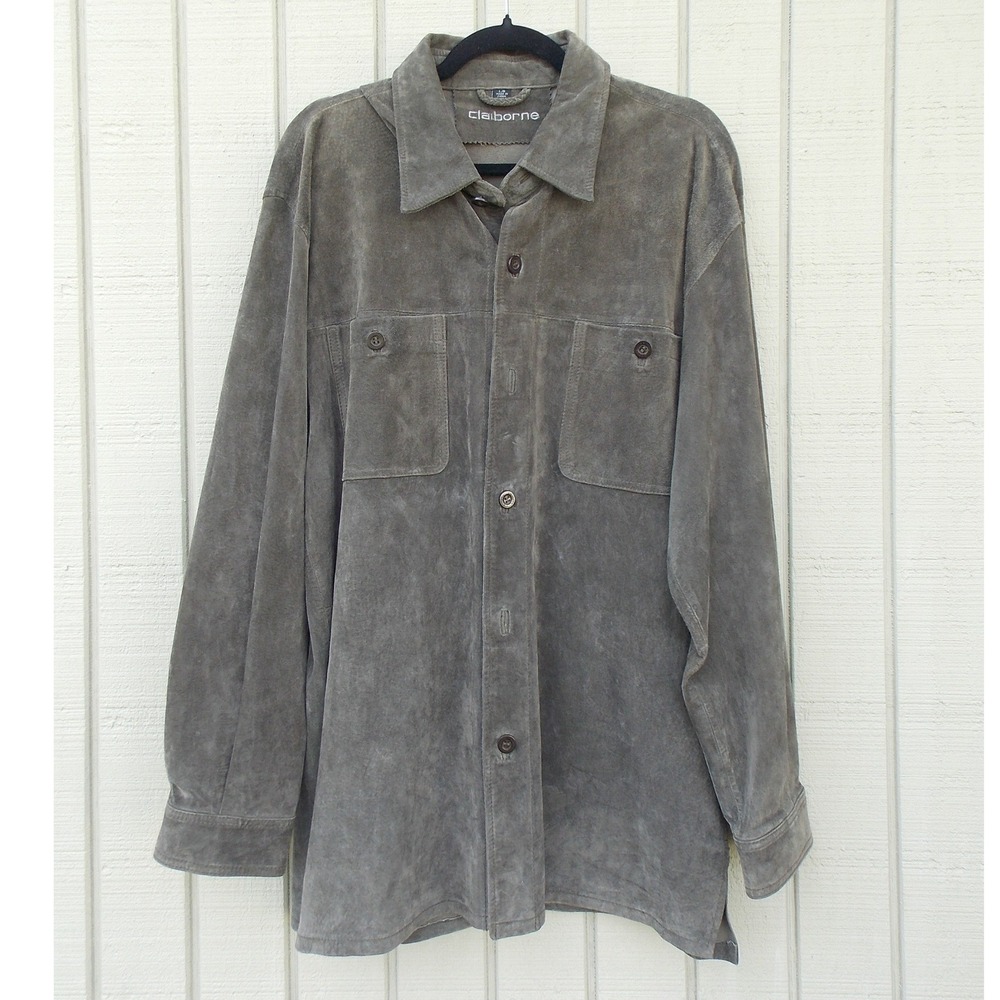 Claiborne Shirt Jacket Genuine Leather Suede Vintage Womens Large Gray Shacket